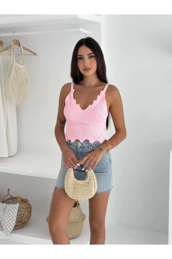 Luz&Pos V Yaka Askılı Arkası Açık Triko Crop - Toz Pembe