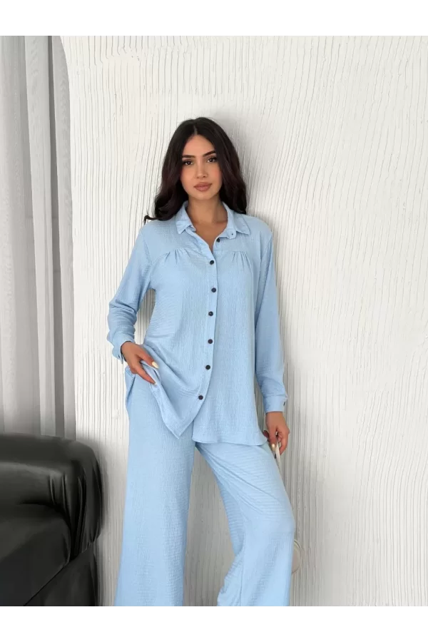 Luz&Pos Yakalı Düğmeli Uzun Kollu Gömlek Pantolon İkili Takım - Bebek Mavisi