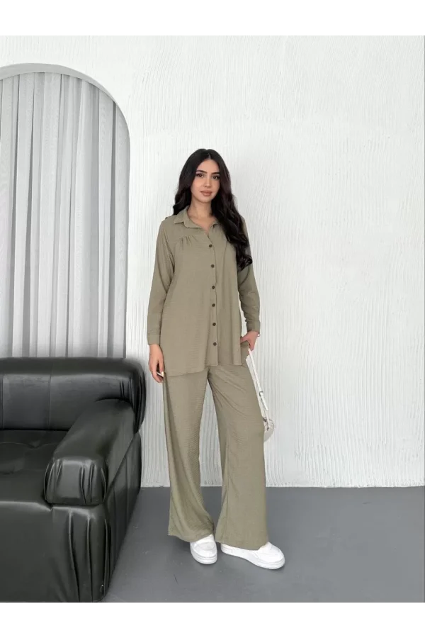 Luz&Pos Yakalı Düğmeli Uzun Kollu Gömlek Pantolon İkili Takım - Bej
