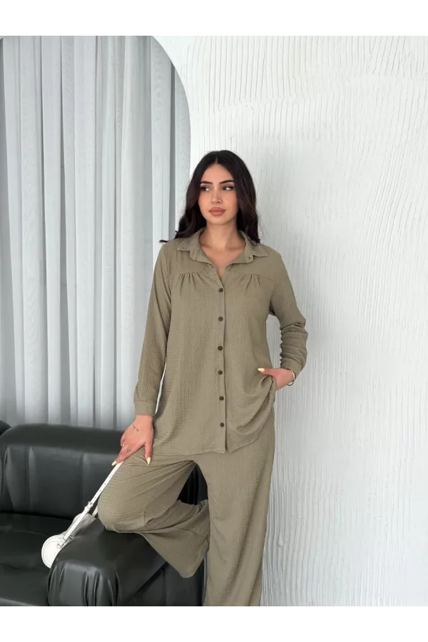Luz&Pos Yakalı Düğmeli Uzun Kollu Gömlek Pantolon İkili Takım - Bej