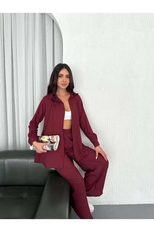 Luz&Pos Yakalı Düğmeli Uzun Kollu Gömlek Pantolon İkili Takım - Bordo