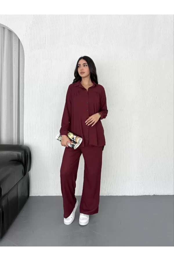 Luz&Pos Yakalı Düğmeli Uzun Kollu Gömlek Pantolon İkili Takım - Bordo