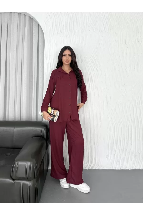 Luz&Pos Yakalı Düğmeli Uzun Kollu Gömlek Pantolon İkili Takım - Bordo