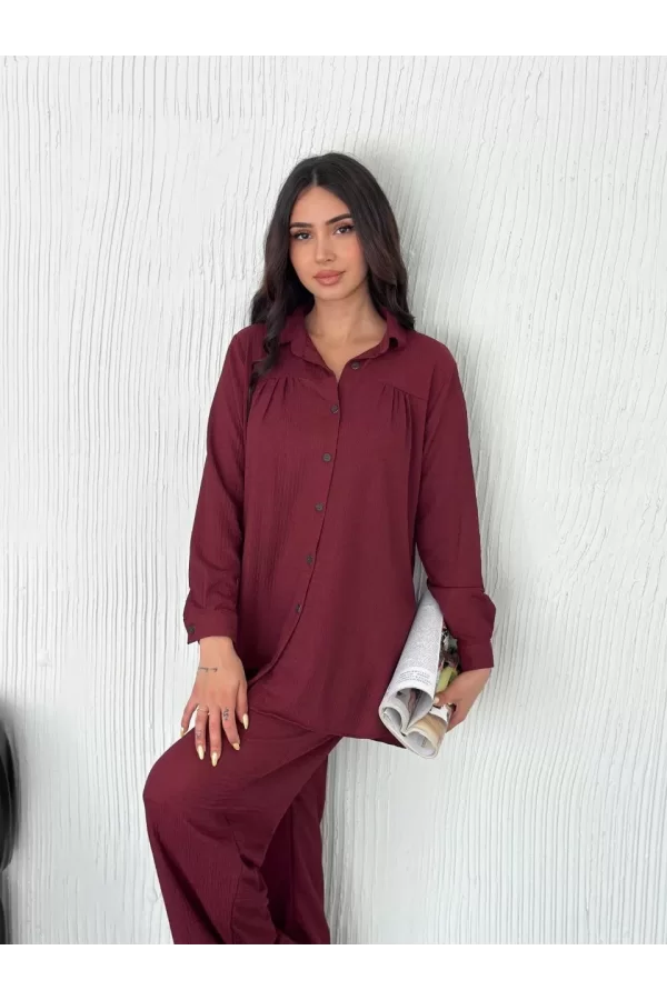 Luz&Pos Yakalı Düğmeli Uzun Kollu Gömlek Pantolon İkili Takım - Bordo