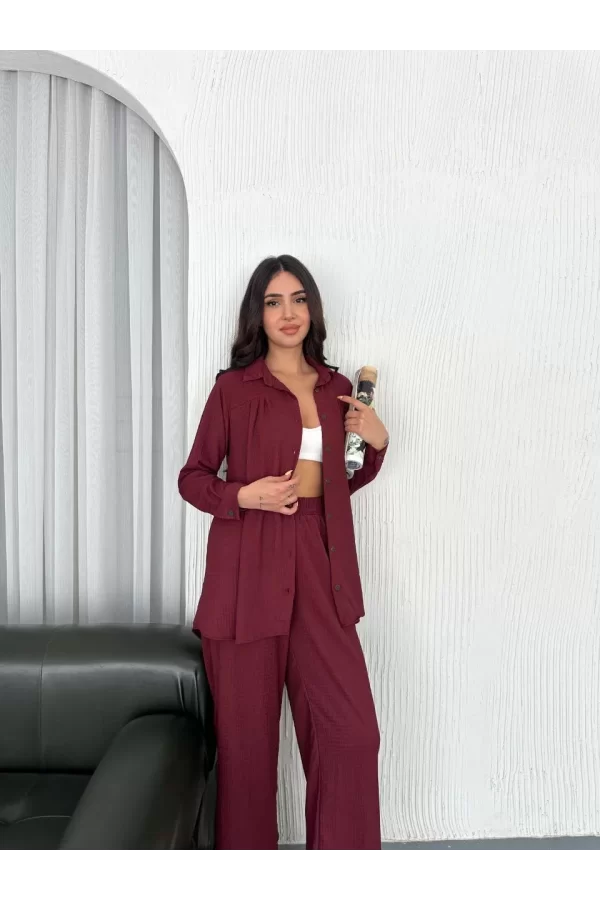 Luz&Pos Yakalı Düğmeli Uzun Kollu Gömlek Pantolon İkili Takım - Bordo