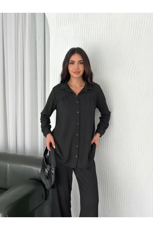Luz&Pos Yakalı Düğmeli Uzun Kollu Gömlek Pantolon İkili Takım - Siyah