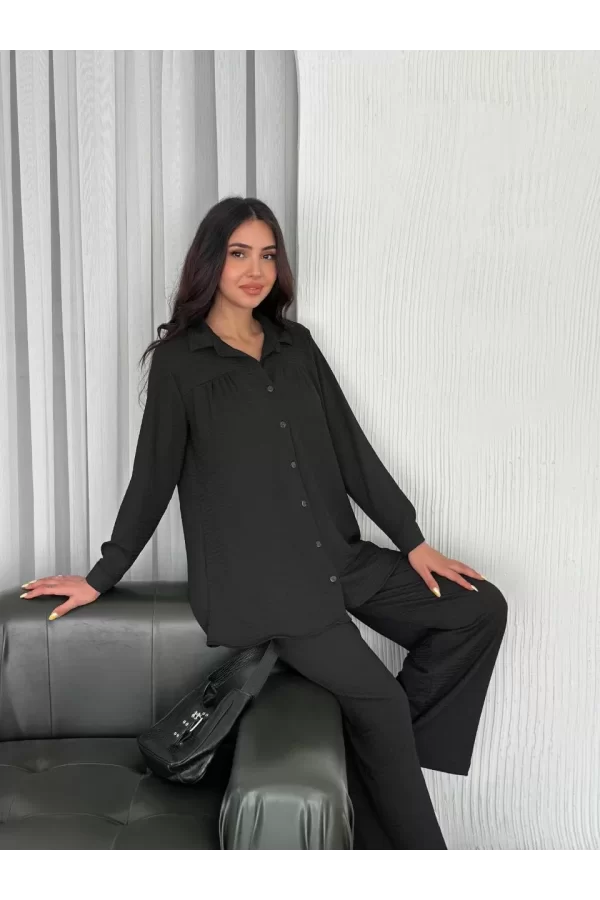Luz&Pos Yakalı Düğmeli Uzun Kollu Gömlek Pantolon İkili Takım - Siyah