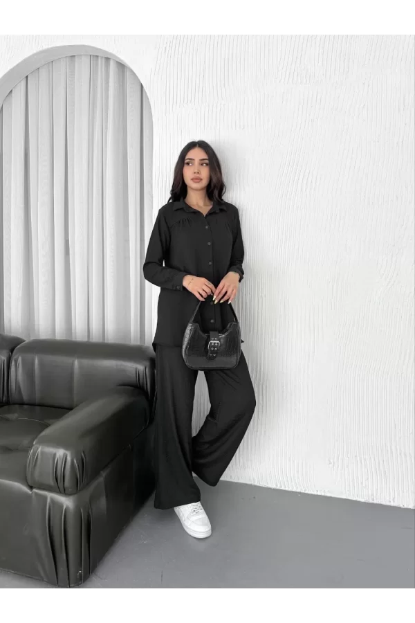 Luz&Pos Yakalı Düğmeli Uzun Kollu Gömlek Pantolon İkili Takım - Siyah
