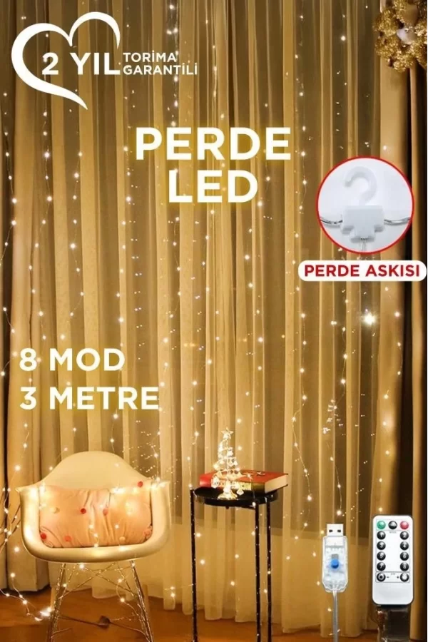 Lw-7 300 Ledli 10 Sarkıt Perde Led Işık, 8 Modlu Uzaktan Kumandalı, 3x3 Metre Peri Telli Led