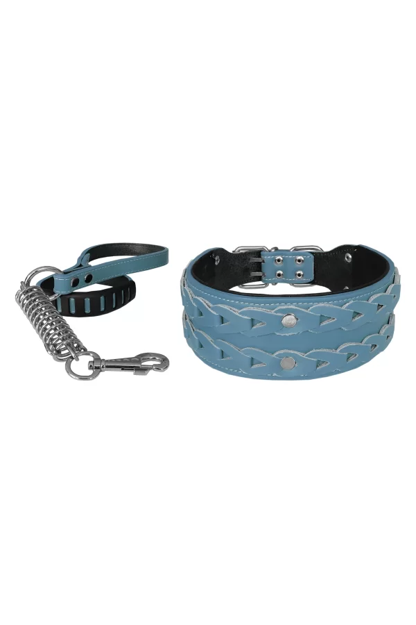 Markapet Elegance Deri İşlemeli Lüks Köpek Tasma Seti XL 7 cm*60-68 cm Turkuaz