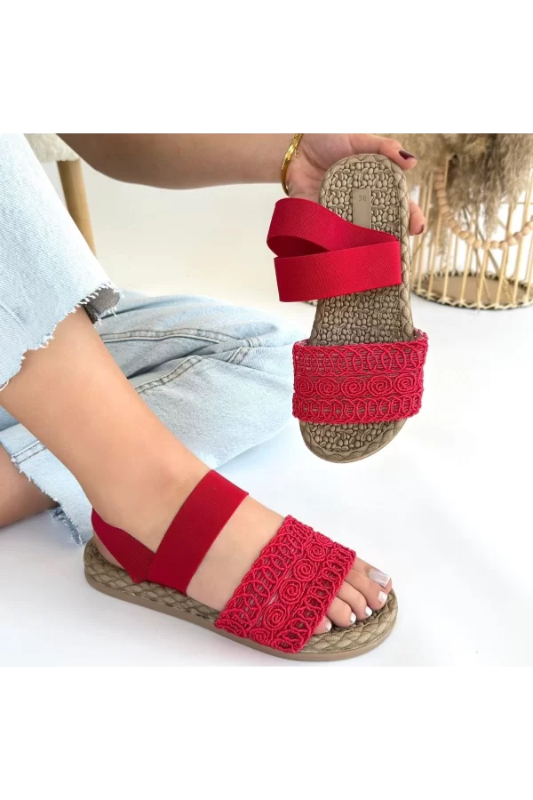 Marri Kırmızı Dantel Lastikli Sandalet
