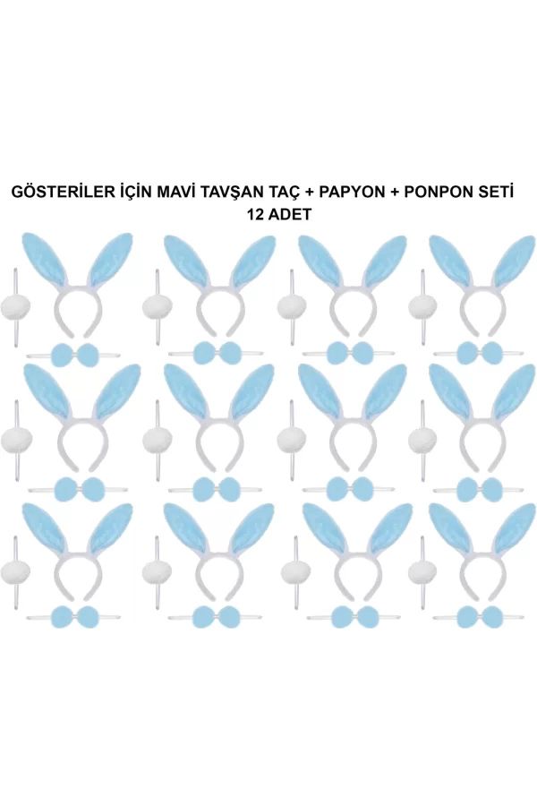 Mavi Tavşan Kostüm Seti – Taç, Papyon, Ponpon (12’li Paket)