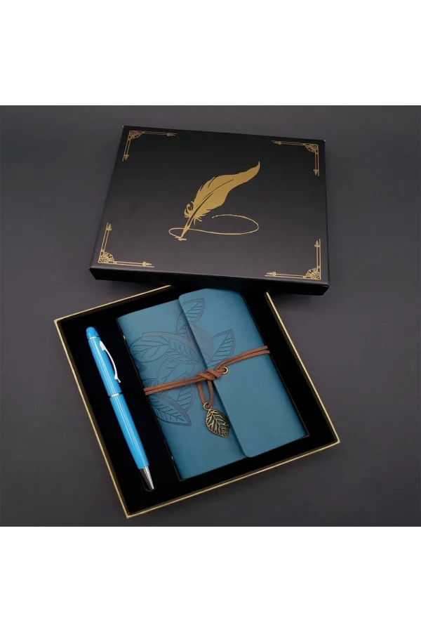 Metal Kalem Ve Mavi Deri Defter