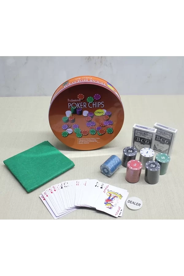 Metal Kutulu 120 Chip Ve 2 Adet İskambil  Kağit Setine Sahip Poker Oyunu Alk3535
