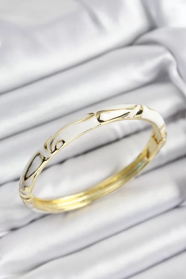 Mineli Pirinç Beyaz Mermer Motifli Gold Renk Kadın Kelepçe
