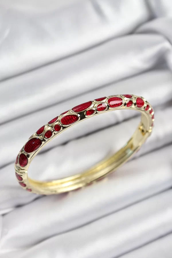 Mineli Pirinç Kırmızı Petek Motifli Gold Renk Kadın Kelepçe