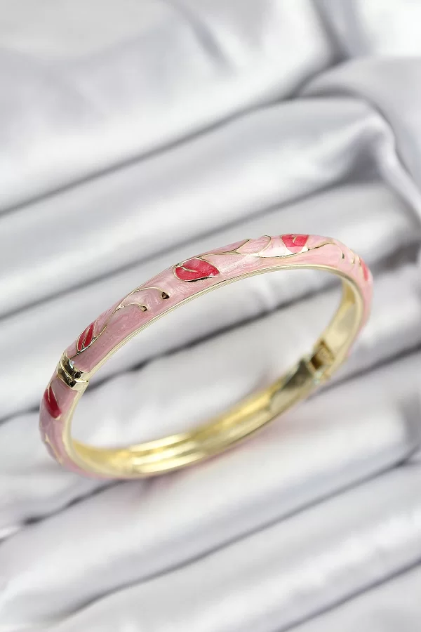 Mineli Pirinç Kırmızı ve Pembe Yaprak Motifli Gold Renk Kadın Kelepçe