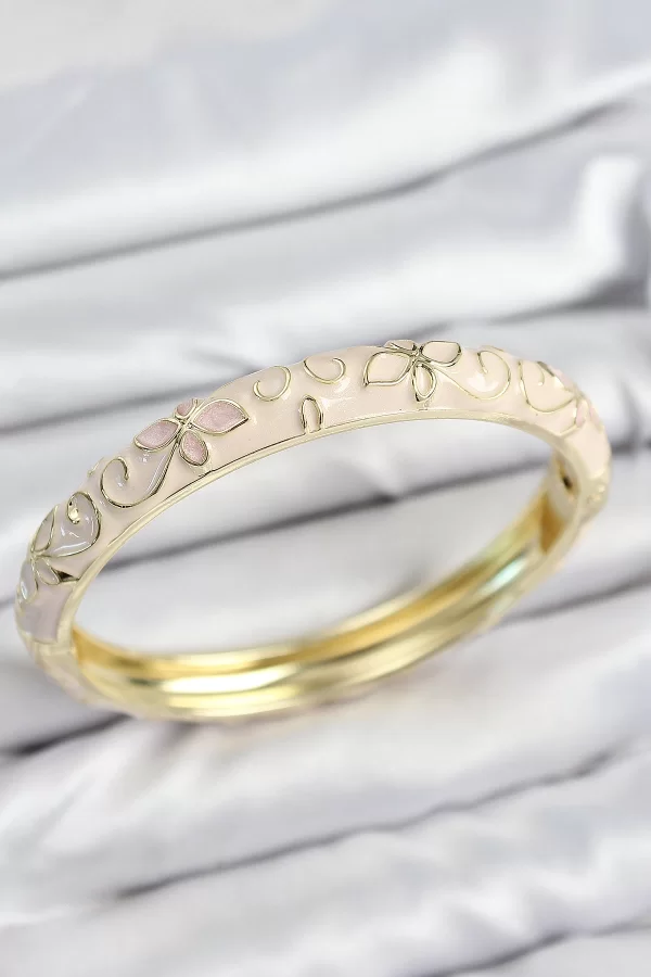 Mineli Pirinç Krem Çiçek Motifli Gold Kadın Kelepçe