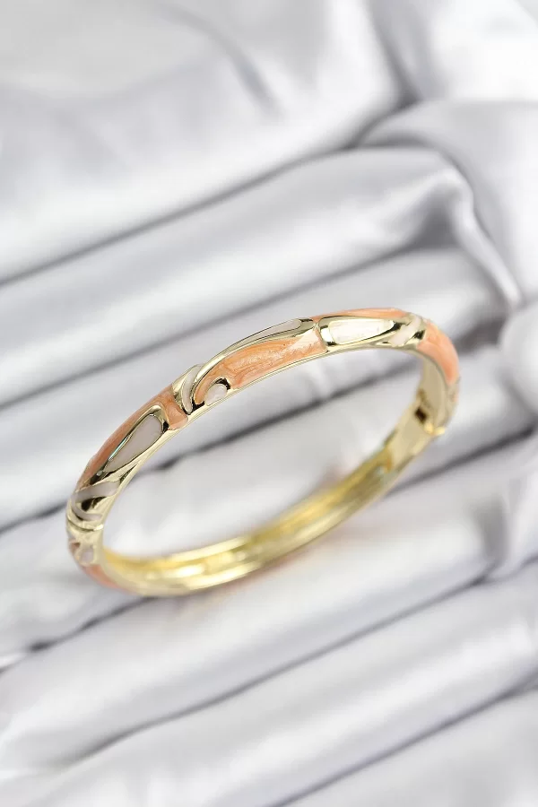 Mineli Pirinç Krem Ve Turuncu Mermer Motifli Gold Renk Kadın Kelepçe