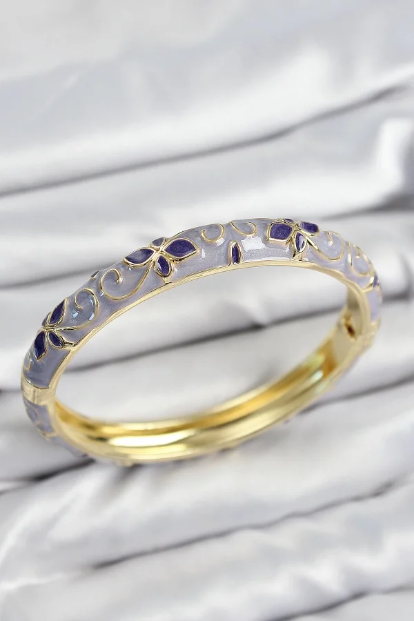 Mineli Pirinç Mor Çiçek Motifli Gold Kadın Kelepçe