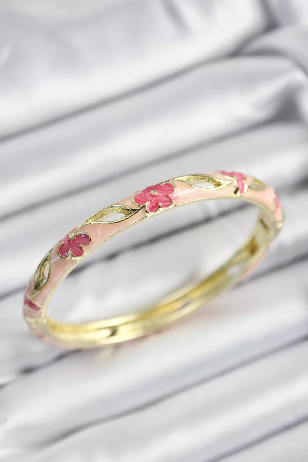 Mineli Pirinç Pembe Çiçek Motifli Gold Renk Kadın Kelepçe