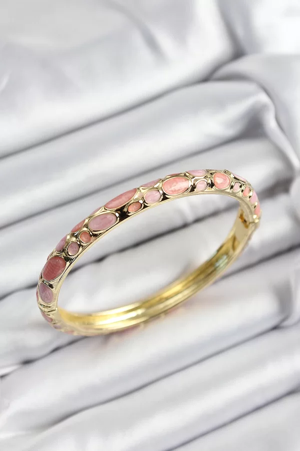 Mineli Pirinç Pembe Petek Motifli Gold Renk Kadın Kelepçe