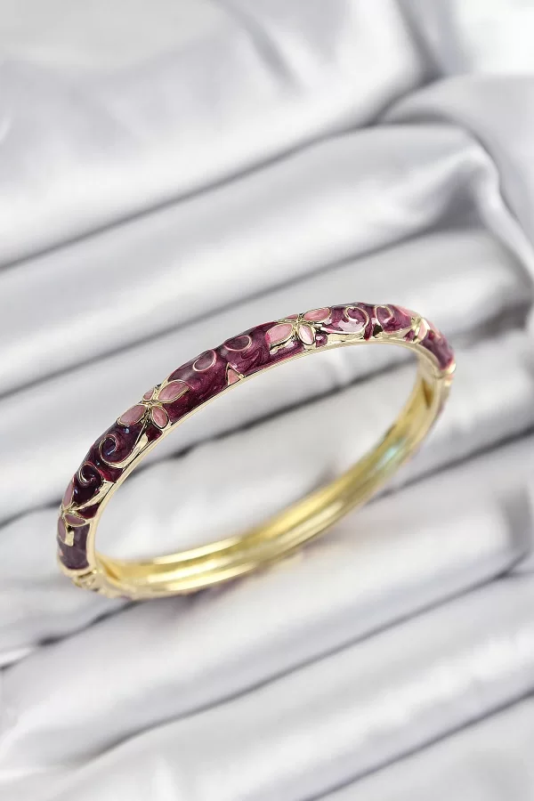 Mineli Pirinç Pembe Ve Fuşya Çiçek Motifli Gold Renk Kadın Kelepçe