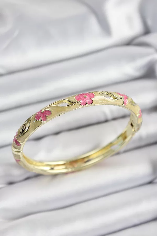 Mineli Pirinç Pembe Ve Hardal Çiçek Motifli Gold Renk Kadın Kelepçe