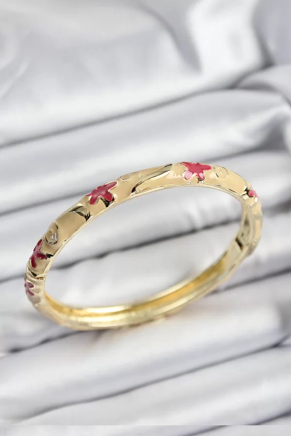 Mineli Pirinç Pembe Ve Krem Çiçek Motifli Gold Renk Kadın Kelepçe