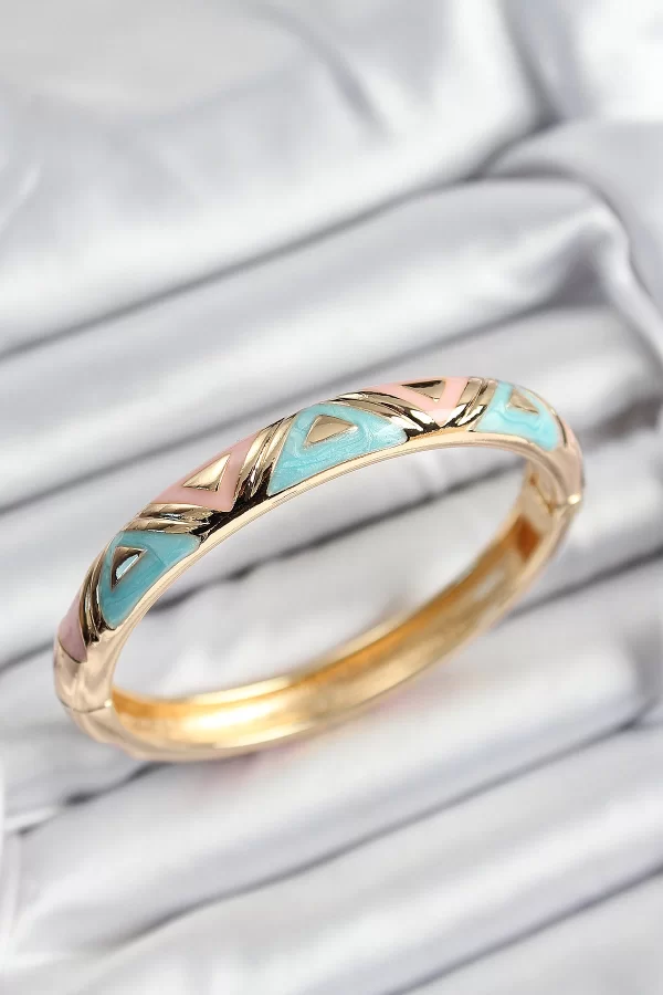 Mineli Pirinç Pembe Ve Mavi Üçgen Motifli Gold Renk Kadın Kelepçe