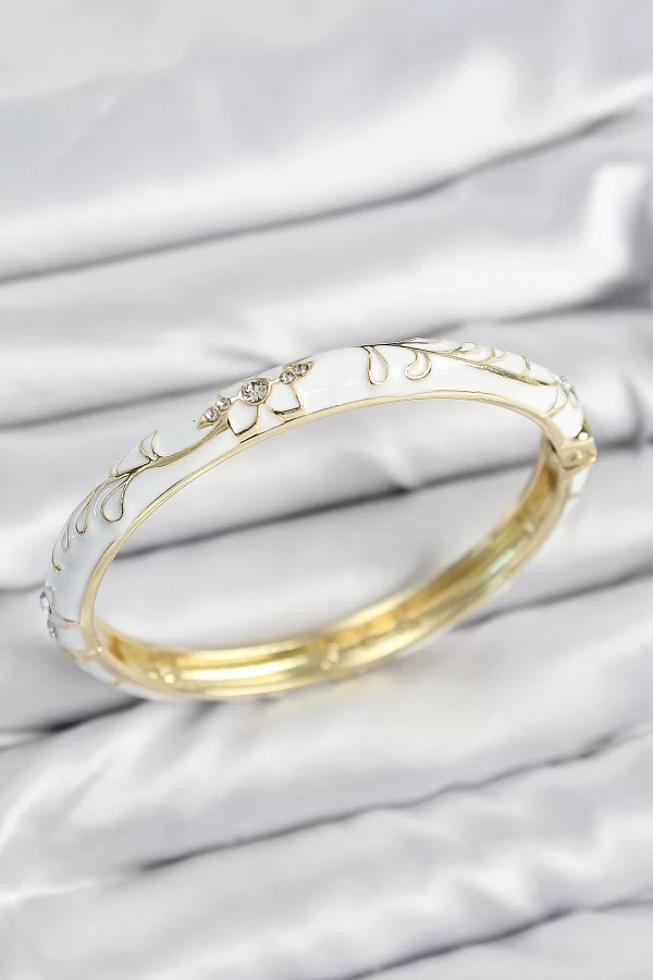 Mineli Pirinç Zirkon Taşlı Beyaz Çiçek Motifli Gold Kadın Kelepçe