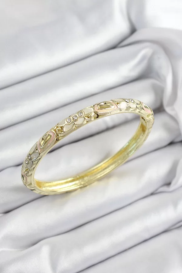 Mineli Pirinç Zirkon Taşlı Beyaz Pembe Çiçek Motifli Gold Renk Kadın Kelepçe