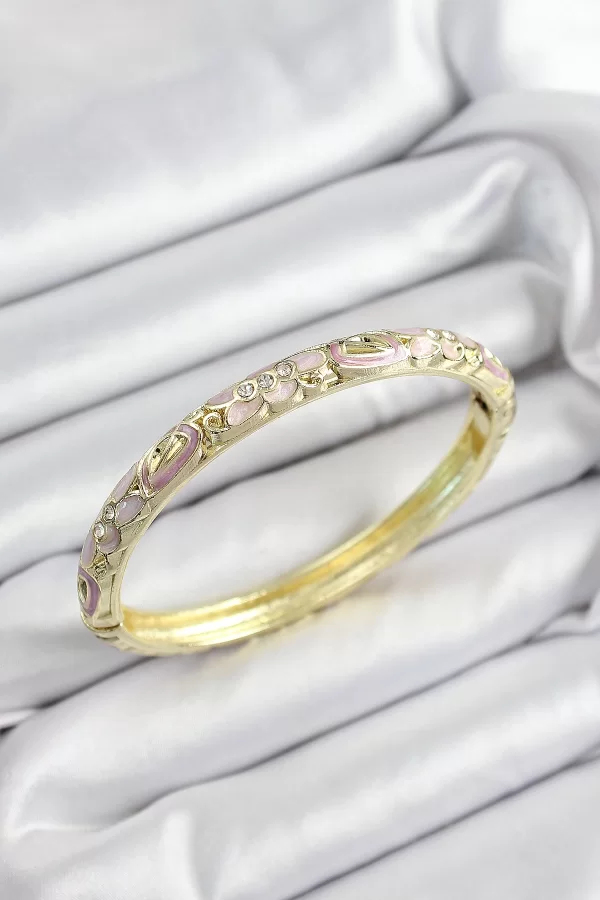 Mineli Pirinç Zirkon Taşlı Fuşya Çiçek Motifli Gold Renk Kadın Kelepçe