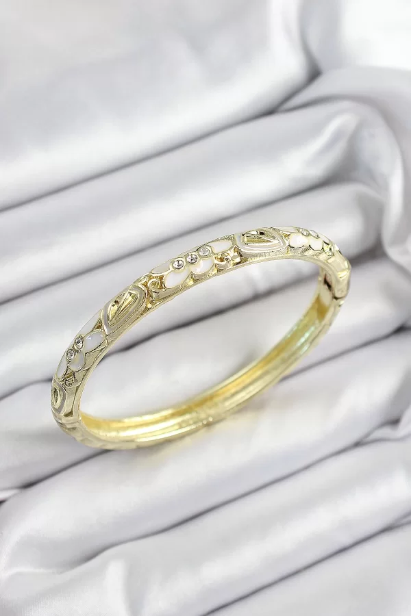 Mineli Pirinç Zirkon Taşlı Gri Beyaz Çiçek Motifli Gold Renk Kadın Kelepçe