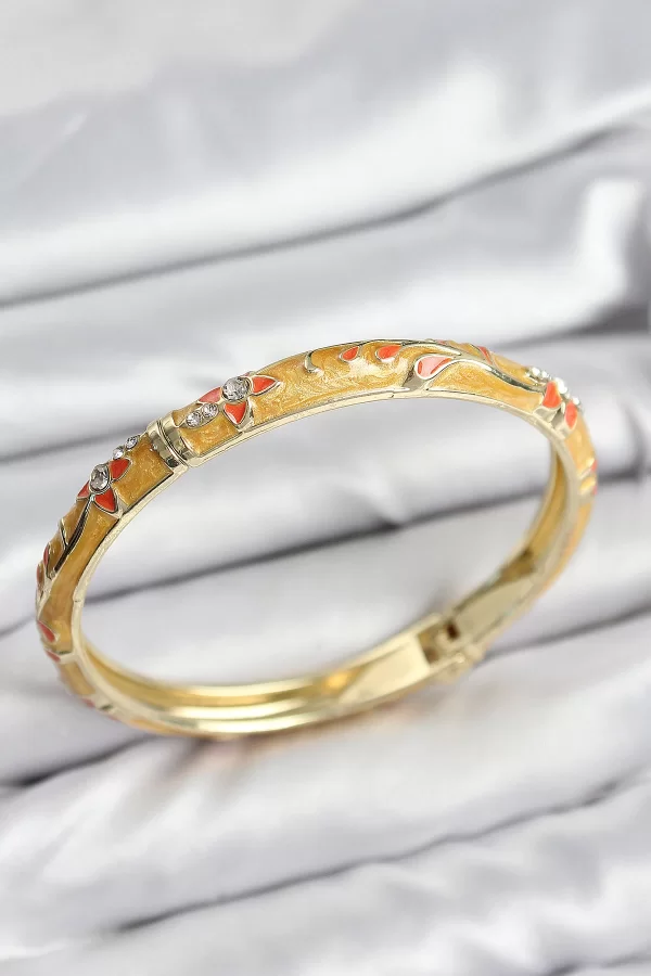 Mineli Pirinç Zirkon Taşlı Hardal Çiçek Motifli Gold Kadın Kelepçe