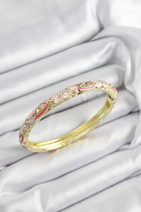Mineli Pirinç Zirkon Taşlı Pembe Çiçek Motifli Gold Renk Kadın Kelepçe