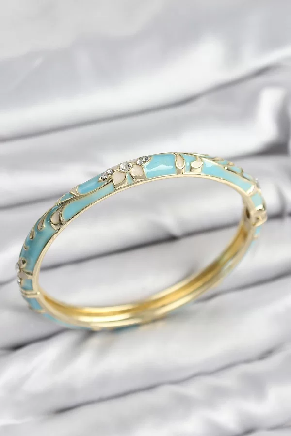 Mineli Pirinç Zirkon Taşlı Turkuaz Çiçek Motifli Gold Kadın Kelepçe
