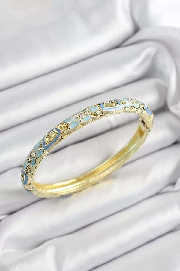 Mineli Pirinç Zirkon Taşlı Turkuaz Çiçek Motifli Gold Renk Kadın Kelepçe