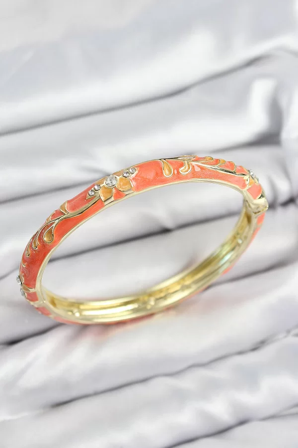 Mineli Pirinç Zirkon Taşlı Turuncu Çiçek Motifli Gold Kadın Kelepçe