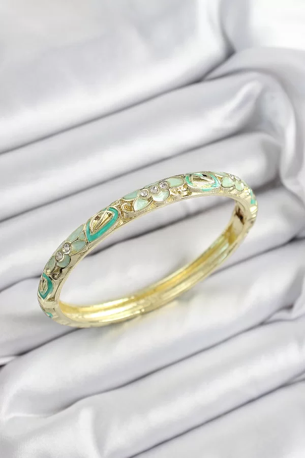 Mineli Pirinç Zirkon Taşlı Yeşil Çiçek Motifli Gold Renk Kadın Kelepçe
