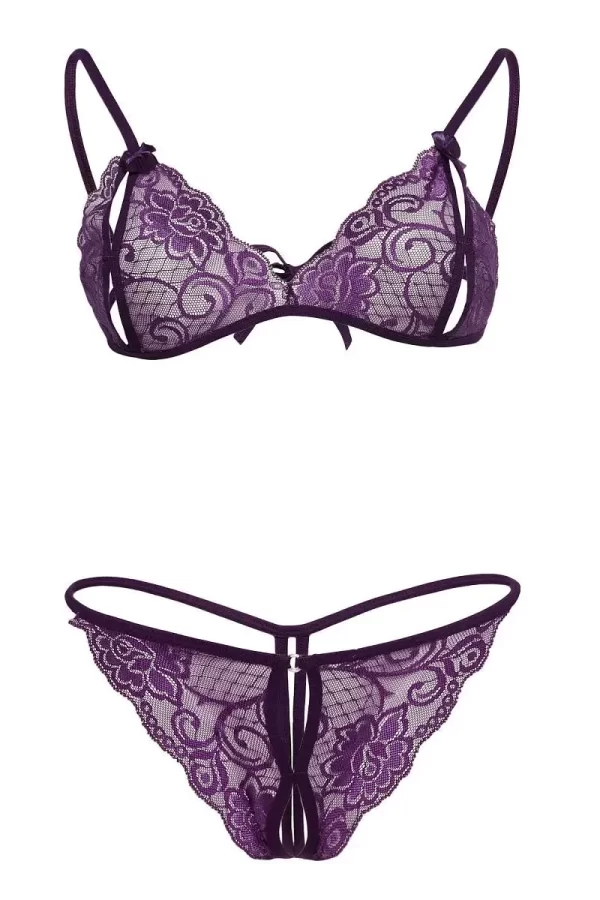 Mor Dantelli Sütyen Ve Gstring Takımı Tm2087