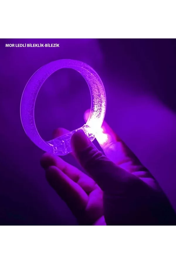 Mor Led Işıklı Baskı Yapılabilen Pilli Bileklik Bilezik 1,5 Cm Genişlik