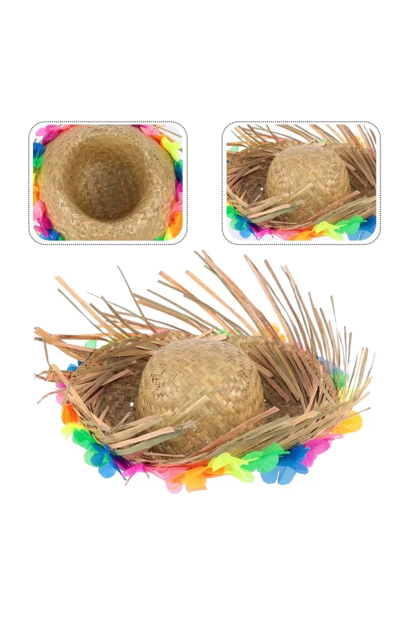 Naturel Renk Püsküllü Örme Hasır Hawaii Luau Aloha Şapka 13x36 Cm
