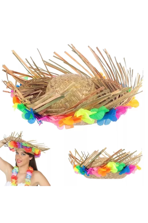 Naturel Renk Püsküllü Örme Hasır Hawaii Luau Aloha Şapka 13x36 Cm