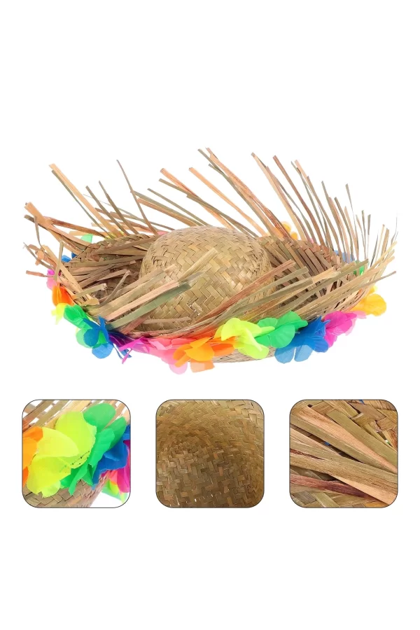 Naturel Renk Püsküllü Örme Hasır Hawaii Luau Aloha Şapka 13x36 Cm