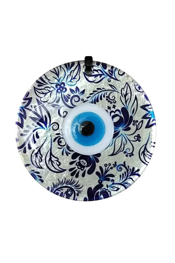 Nazar Boncuklu Yaprak Desenli Gümüş Rengi Füzyon Cam El Yapımı 12 Cm Duvar Süsü Nazarlık Hediyelik Eşya