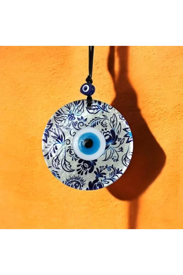 Nazar Boncuklu Yaprak Desenli Gümüş Rengi Füzyon Cam El Yapımı 12 Cm Duvar Süsü Nazarlık Hediyelik Eşya