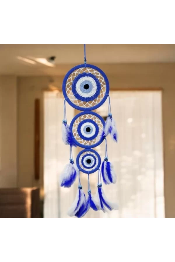 Nazar Motifli Üç Çemberli Kuş Tüylü Mavi Duvar Süsü