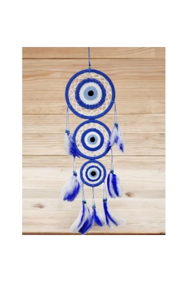 Nazar Motifli Üç Çemberli Kuş Tüylü Mavi Duvar Süsü
