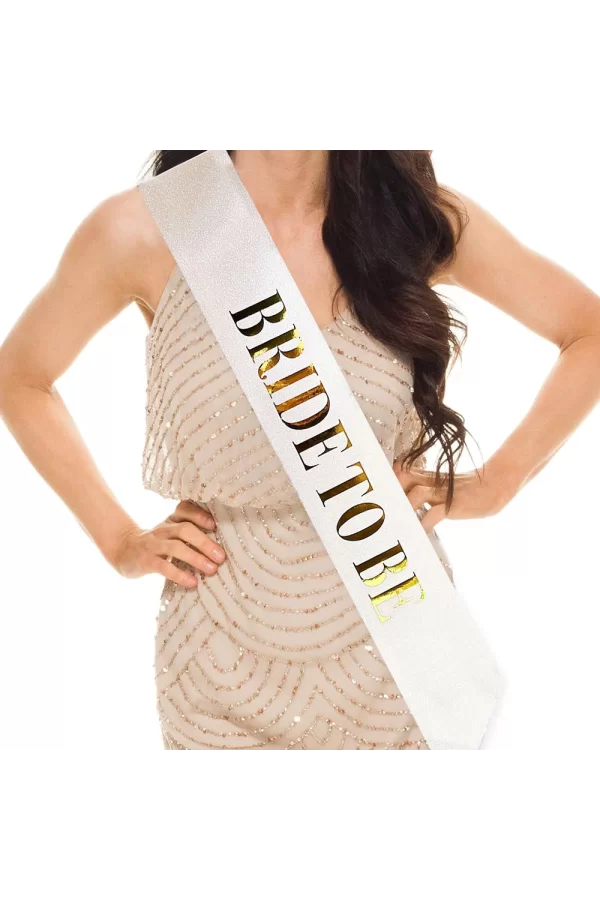 Nessiworld  Beyaz Üzeri Altın Büyük Bride To Be Yazılı Simli Işıltılı Kuşak Kemer 10x80 cm